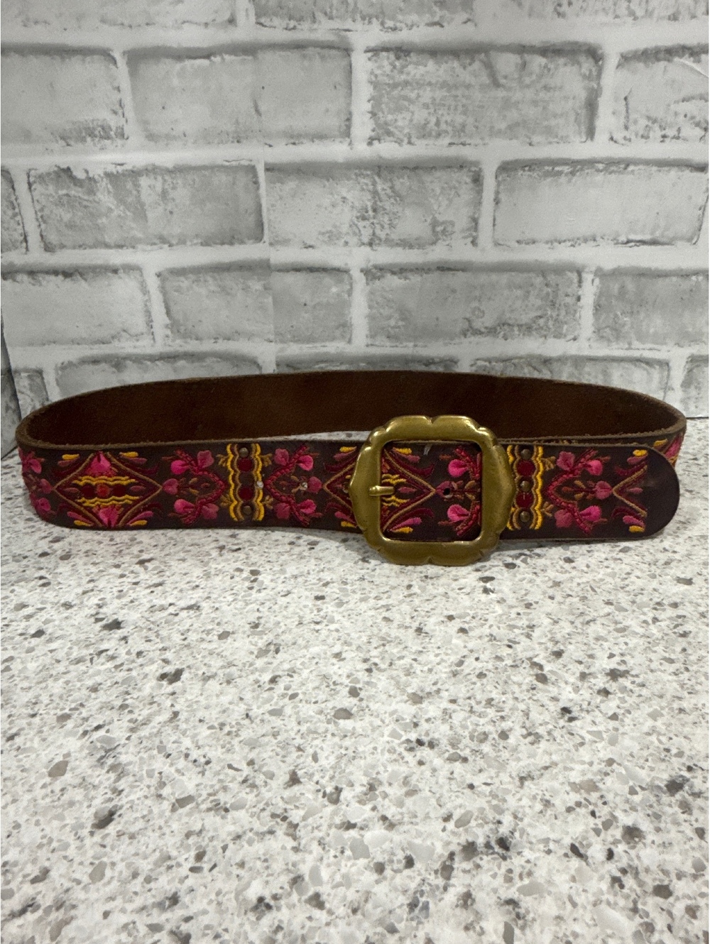Lucky Brand Boho Embroidered Leather Belt with Brass Buckle, Small